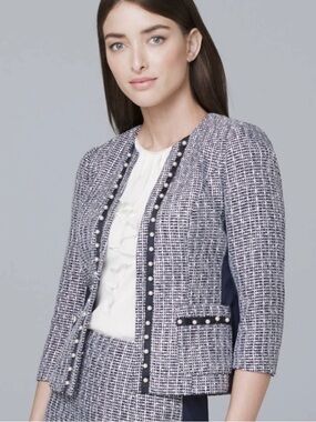 White House Black Market navy tweed jacket Pearl embellished Size 6 Preppy Work